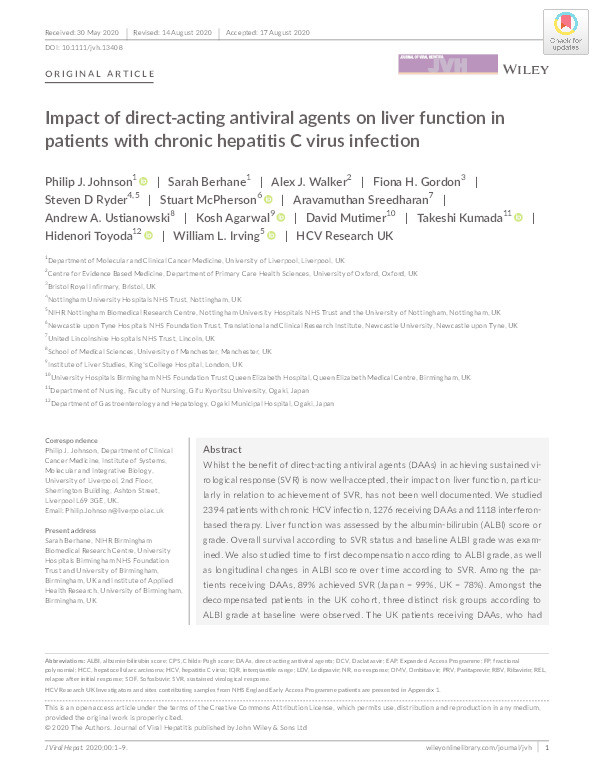 Impact of direct-acting antiviral agents on liver function in patients with chronic hepatitis C virus infection Thumbnail