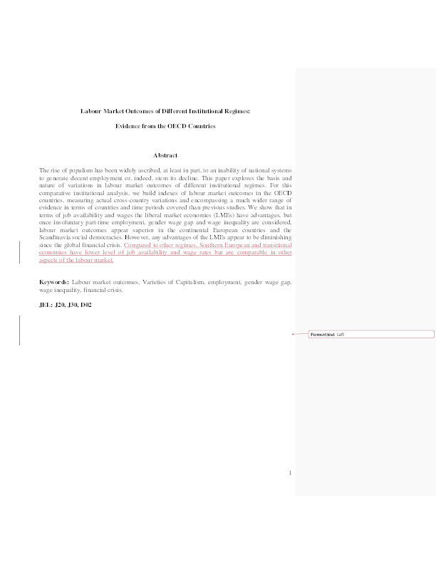 Labour market outcomes of different institutional regimes: evidence from the OECD countries Thumbnail