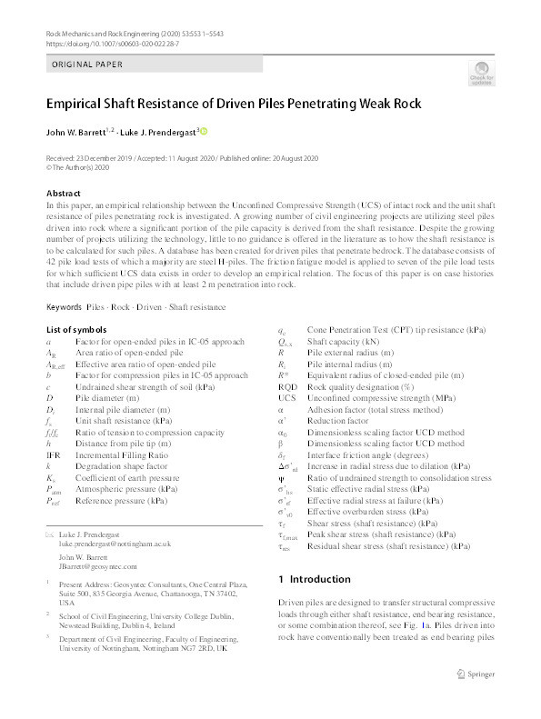 Empirical Shaft Resistance of Driven Piles Penetrating Weak Rock Thumbnail