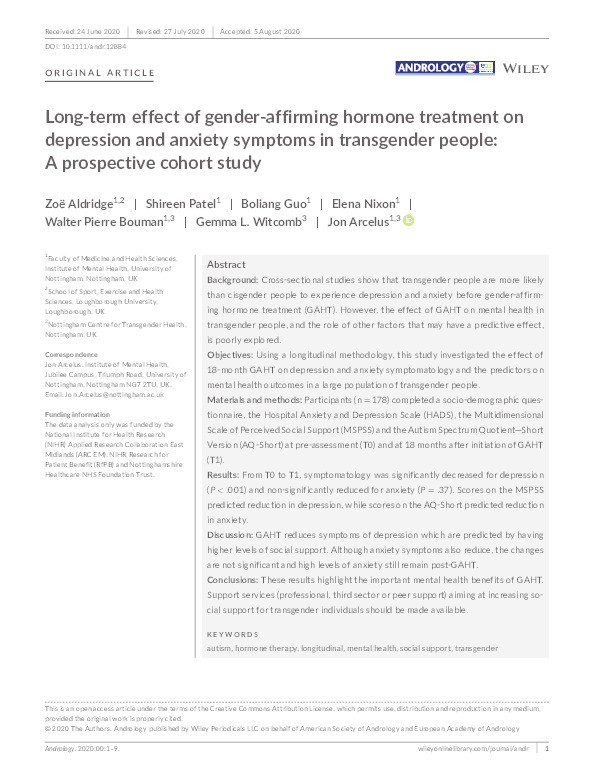 Long term effect of gender affirming hormone treatment on depression and anxiety symptoms in transgender people: A prospective cohort study Thumbnail