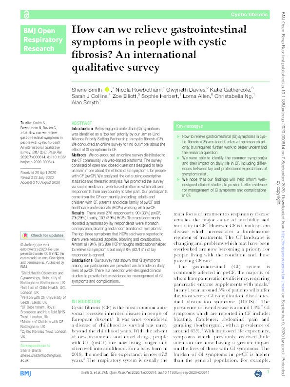 How can we relieve gastrointestinal symptoms in people with cystic fibrosis? An international qualitative survey Thumbnail