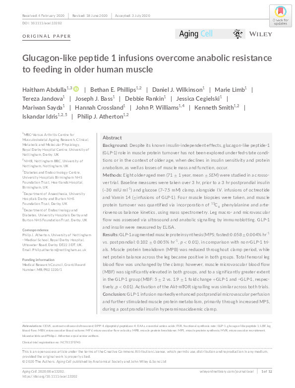 Glucagon-like peptide 1 infusions overcome anabolic resistance to feeding in older human muscle Thumbnail