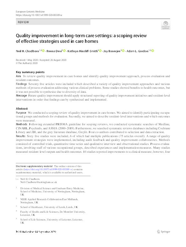 Quality improvement in long-term care settings: a scoping review of effective strategies used in care homes Thumbnail