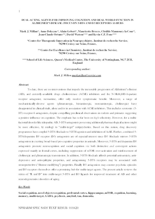 Dual-acting agents for improving cognition and real-world function in Alzheimer's disease: Focus on 5-HT6 and D3 receptors as hubs Thumbnail
