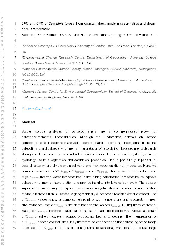 ?18O and ?13C of Cyprideis torosa from coastal lakes: Modern systematics and down-core interpretation Thumbnail