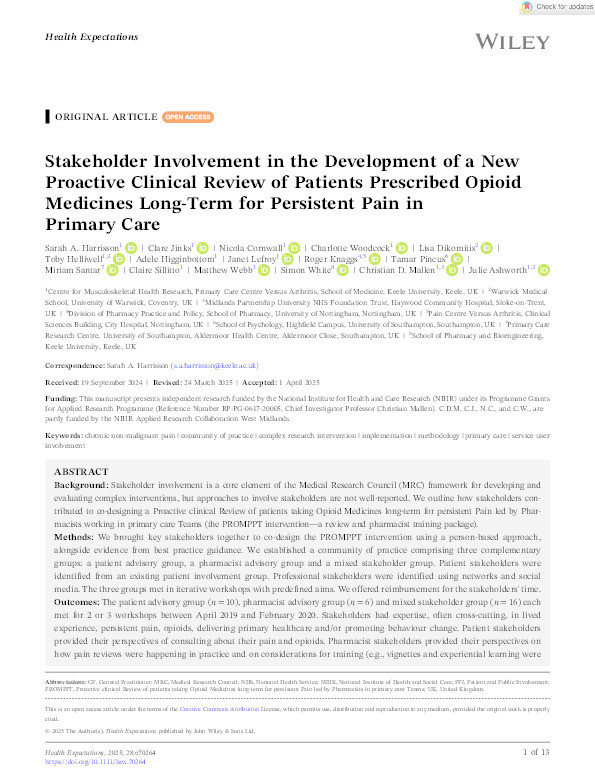 Stakeholder Involvement in the Development of a New Proactive Clinical Review of Patients Prescribed Opioid Medicines Long‐Term for Persistent Pain in Primary Care Thumbnail