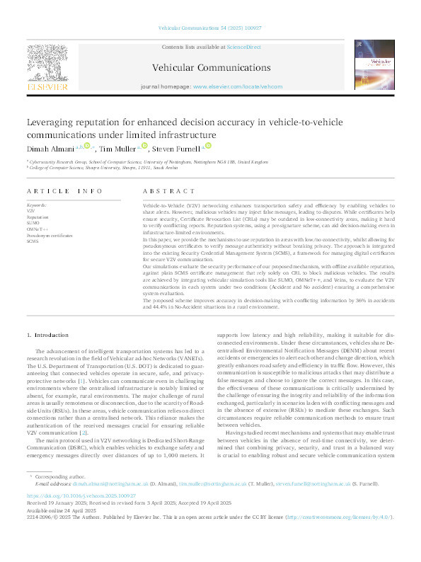 Leveraging reputation for enhanced decision accuracy in vehicle-to-vehicle communications under limited infrastructure Thumbnail
