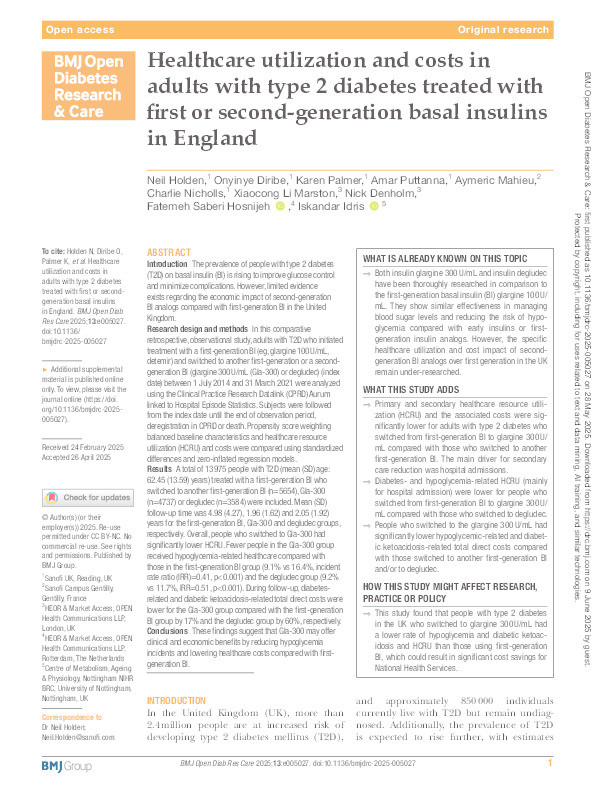 Healthcare Utilisation and Costs in Adults with Type 2 Diabetes Treated with First- or Second-Generation Basal Insulins in England Thumbnail