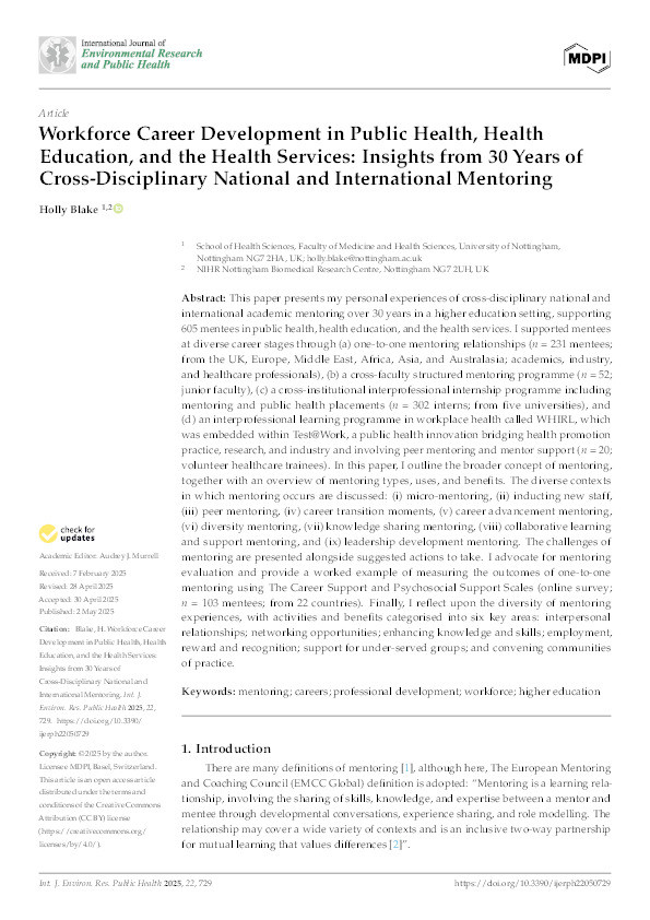 Workforce career development in public health, health education, and the health services: insights from 30 years of cross-disciplinary national and international mentoring Thumbnail