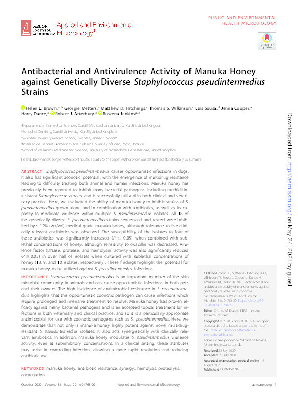 Antibacterial and anti-virulence activity of manuka honey against genetically diverse Staphylococcus pseudintermedius Thumbnail