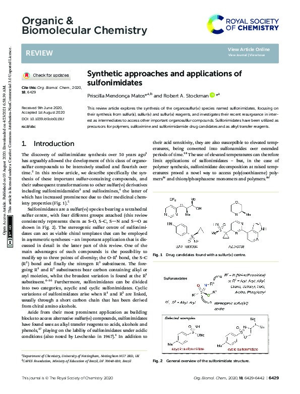 Synthetic approaches and applications of sulfonimidates Thumbnail