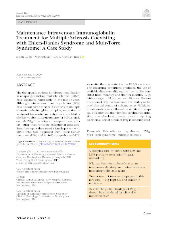 Maintenance Intravenous Immunoglobulin Treatment for Multiple Sclerosis Coexisting with Ehlers-Danlos Syndrome and Muir-Torre Syndrome: A Case Study Thumbnail