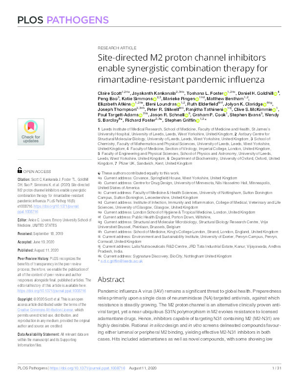Site-directed M2 proton channel inhibitors enable synergistic combination therapy for rimantadine-resistant pandemic influenza Thumbnail