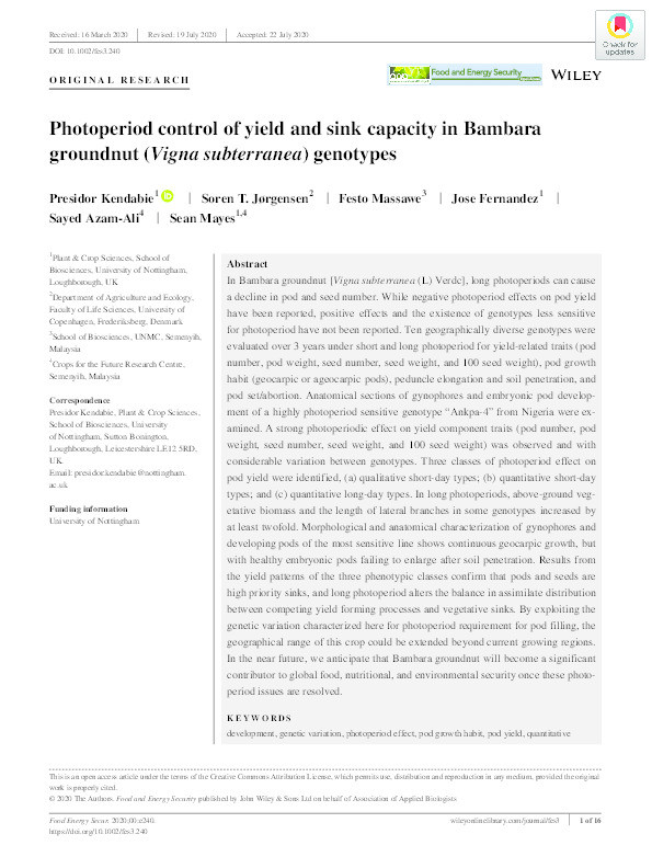 Photoperiod control of yield and sink capacity in Bambara groundnut (Vigna subterranea) genotypes Thumbnail