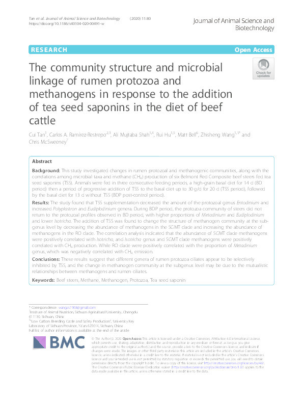 The community structure and microbial linkage of rumen protozoa and methanogens in response to the addition of tea seed saponins in the diet of beef cattle Thumbnail