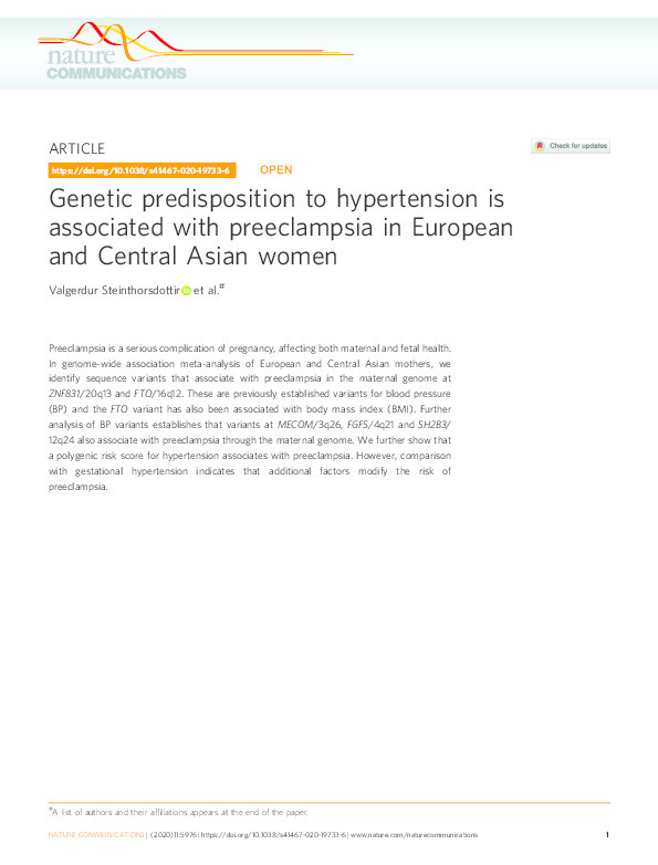 Genetic predisposition to hypertension is associated with preeclampsia in European and Central Asian women Thumbnail