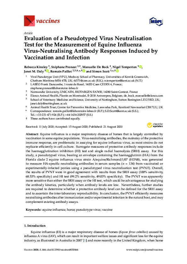 Evaluation of a pseudotyped virus neutralisation test for measurement of equine influenza A virus neutralizing antibody responses induced by vaccination and infection Thumbnail