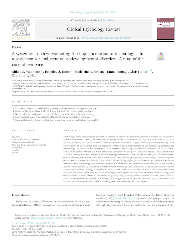 A systematic review evaluating the implementation of technologies to assess, monitor and treat neurodevelopmental disorders: A map of the current evidence Thumbnail