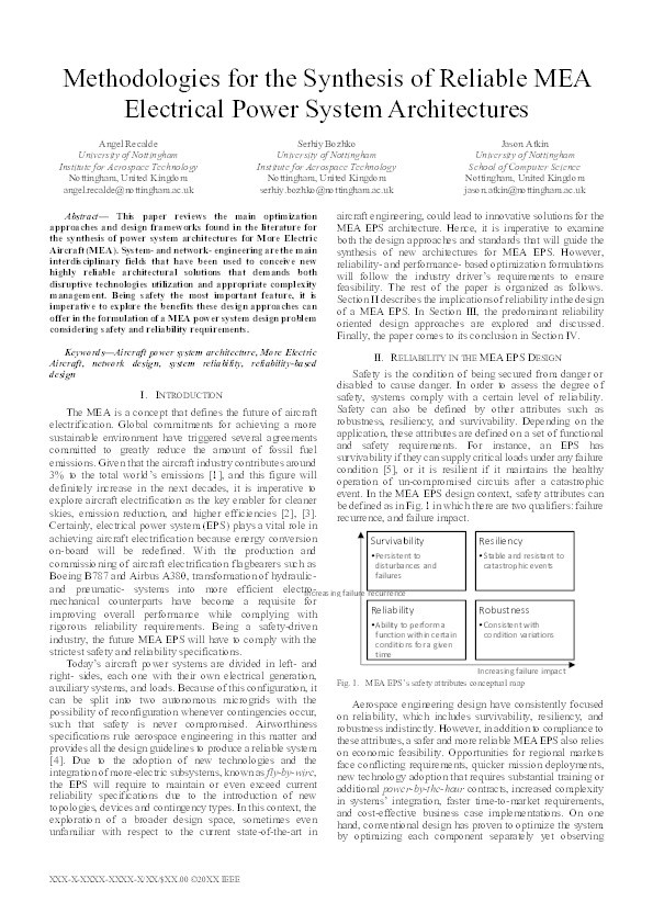 Methodologies for the Synthesis of Reliable MEA Electrical Power System Architectures Thumbnail