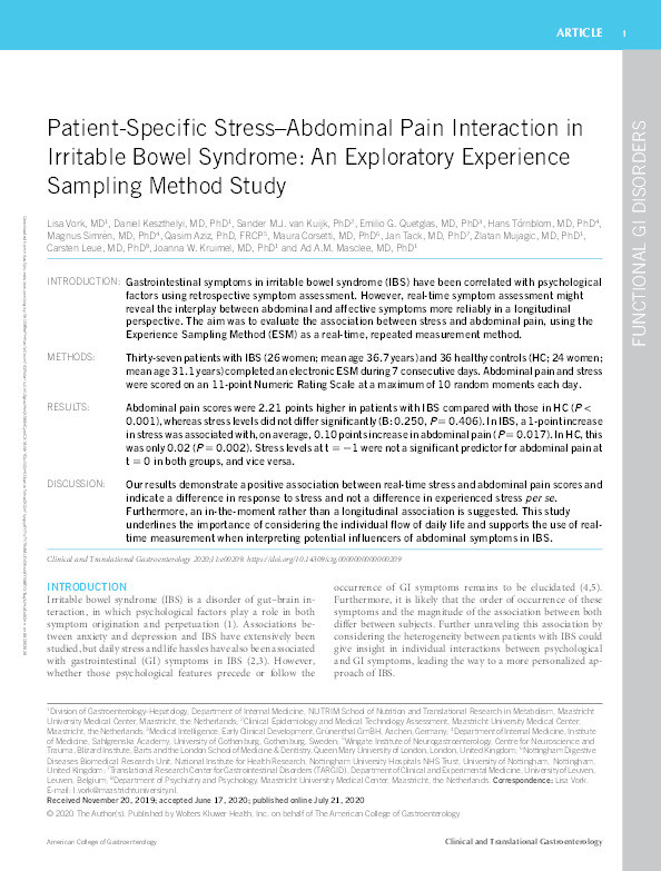 Patient-Specific Stress–Abdominal Pain Interaction in Irritable Bowel Syndrome: An Exploratory Experience Sampling Method Study Thumbnail