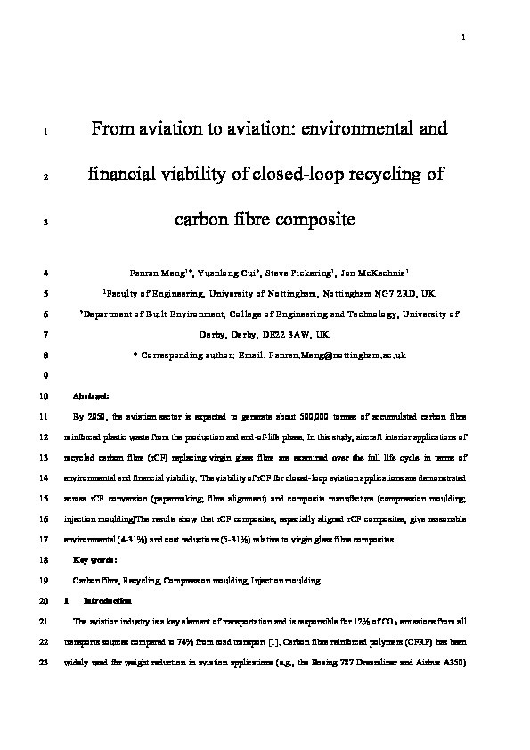 From aviation to aviation: Environmental and financial viability of closed-loop recycling of carbon fibre composite Thumbnail