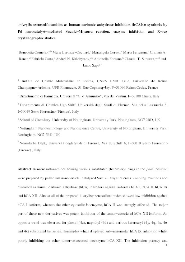 4-Arylbenzenesulfonamides as Human Carbonic Anhydrase Inhibitors (hCAIs): Synthesis by Pd Nanocatalyst-Mediated Suzuki–Miyaura Reaction, Enzyme Inhibition, and X-ray Crystallographic Studies Thumbnail