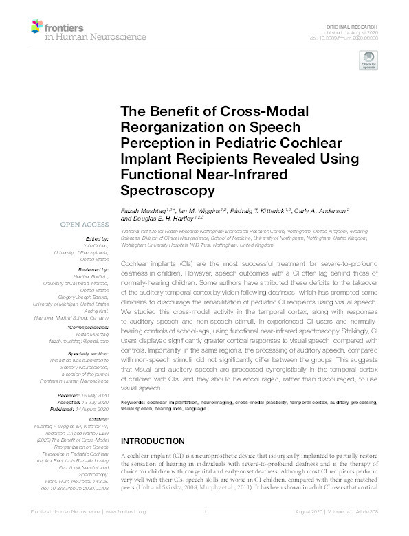 The Benefit of Cross-Modal Reorganization on Speech Perception in Pediatric Cochlear Implant Recipients Revealed Using Functional Near-Infrared Spectroscopy Thumbnail