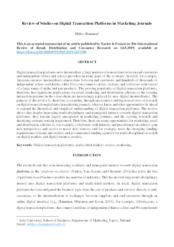 Review of studies on digital transaction platforms in marketing journals Thumbnail