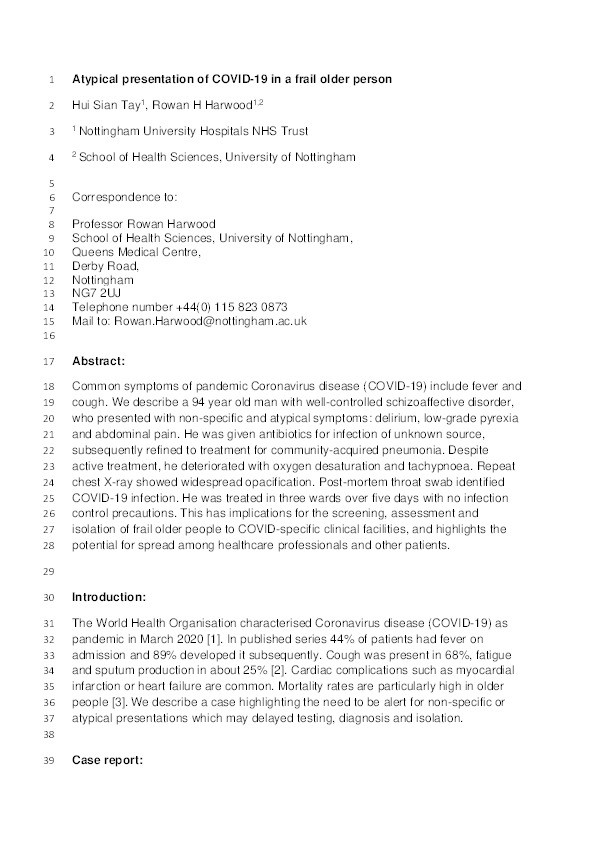 Atypical presentation of COVID-19 in a frail older person Thumbnail