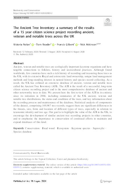 The Ancient Tree Inventory: a summary of the results of a 15 year citizen science project recording ancient, veteran and notable trees across the UK Thumbnail