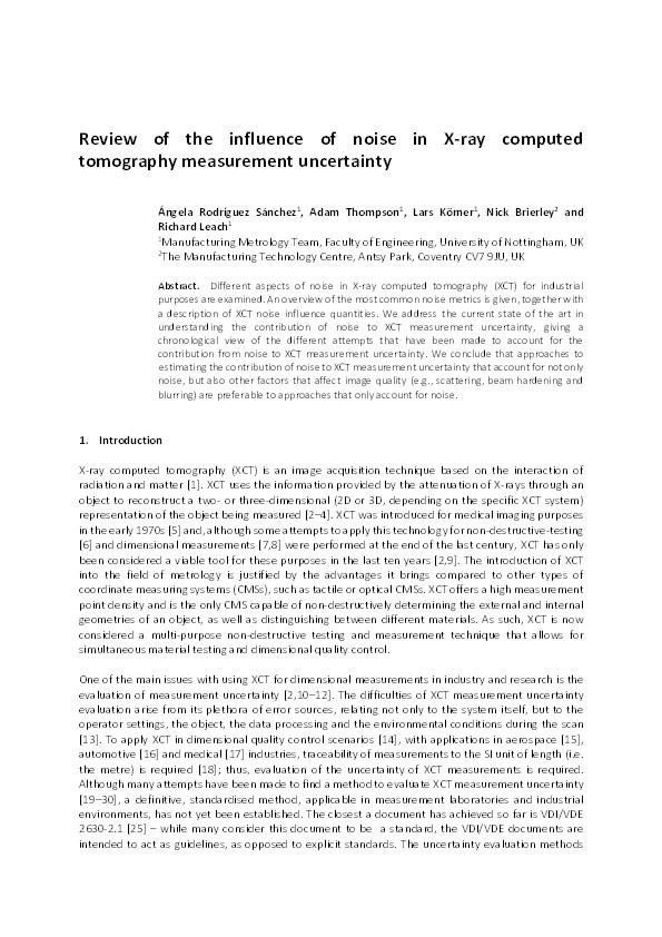 Review of the influence of noise in X-ray computed tomography measurement uncertainty Thumbnail