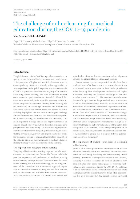The challenge of online learning for medical education during the COVID-19 pandemic Thumbnail