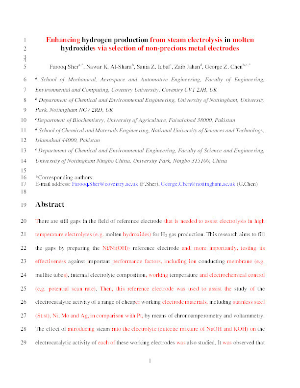 Enhancing hydrogen production from steam electrolysis in molten hydroxides via selection of non-precious metal electrodes Thumbnail
