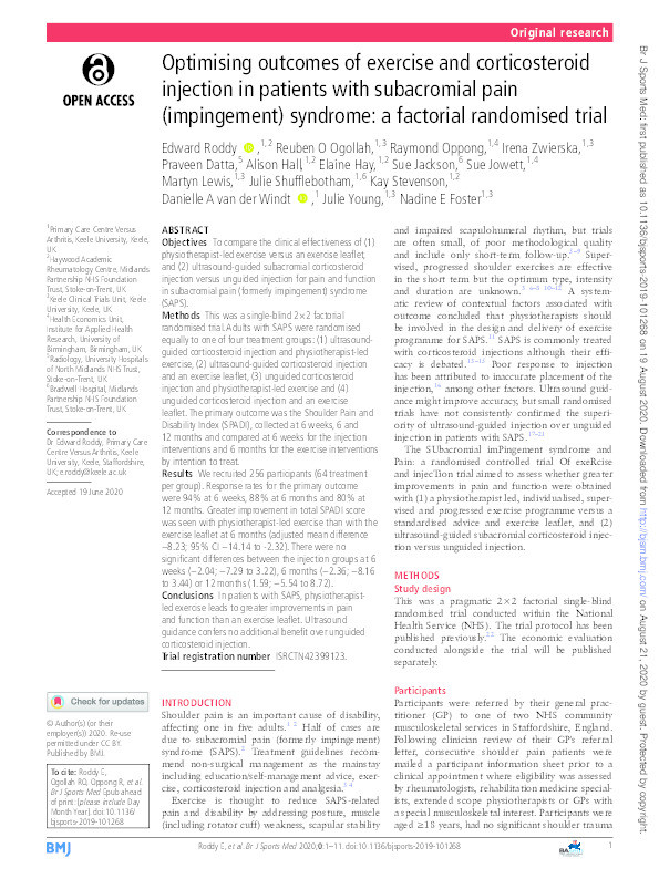 Optimising outcomes of exercise and corticosteroid injection in patients with subacromial pain (impingement) syndrome: a factorial randomised trial Thumbnail