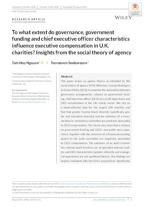 To what extent do governance, government funding and chief executive officer characteristics influence executive compensation in U.K. charities? Insights from the social theory of agency Thumbnail