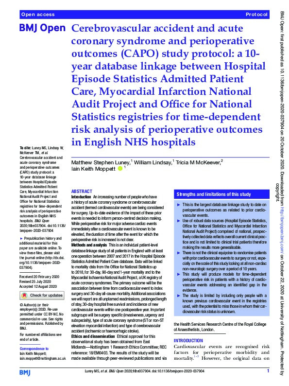 Cerebrovascular accident and acute coronary syndrome and perioperative outcomes (CAPO) study protocol: a 10-year database linkage between Hospital Episode Statistics Admitted Patient Care, Myocardial Infarction National Audit Project and Office for National Statistics registries for time-dependent risk analysis of perioperative outcomes in English NHS hospitals Thumbnail