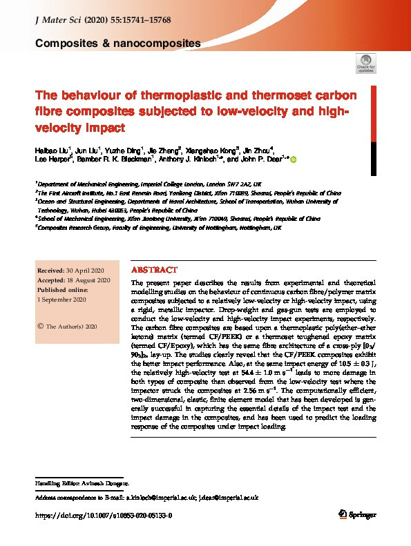 The behaviour of thermoplastic and thermoset carbon-fibre composites subjected to low-velocity and high-velocity impact Thumbnail