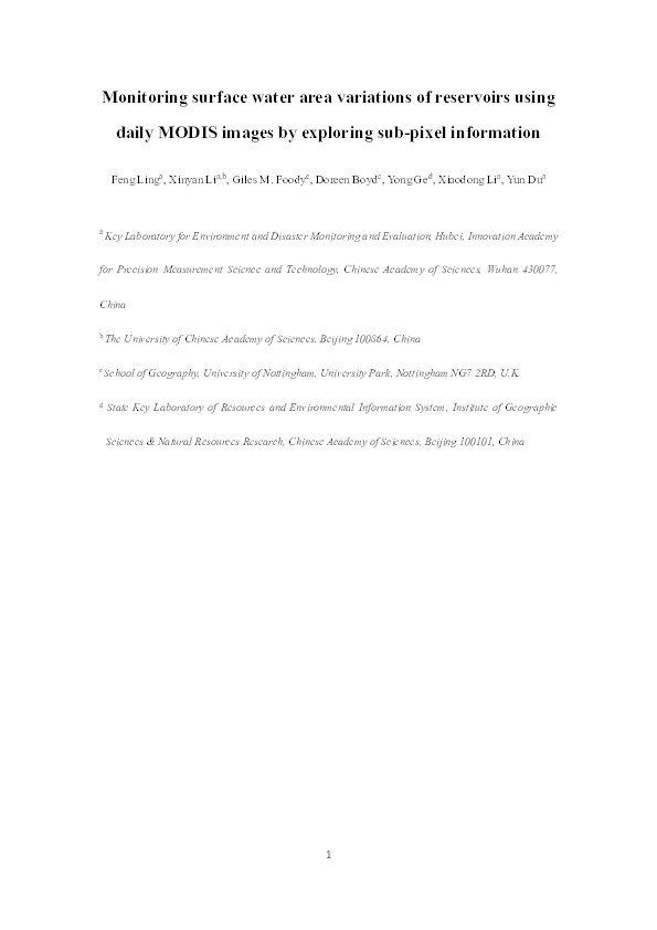 Monitoring surface water area variations of reservoirs using daily MODIS images by exploring sub-pixel information Thumbnail