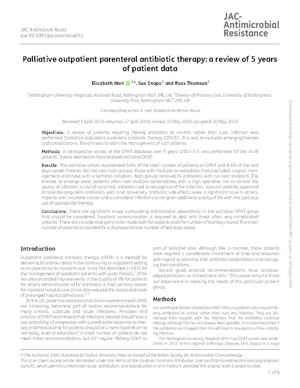 Palliative outpatient parenteral antibiotic therapy: a review of 5 years of patient data Thumbnail