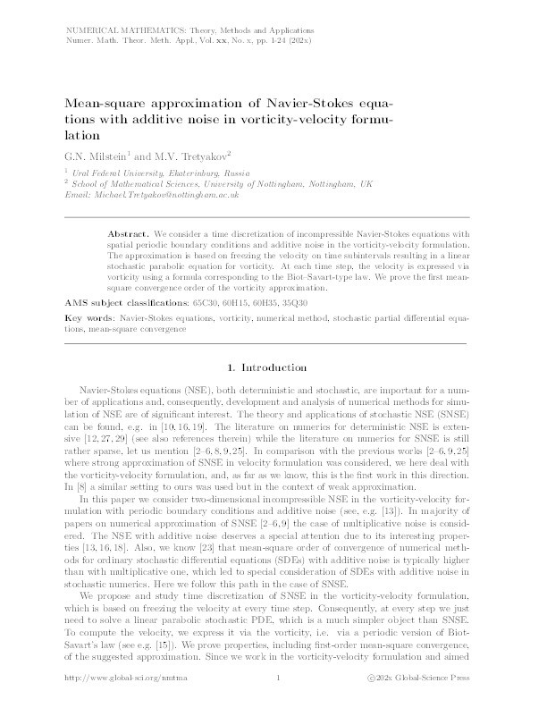 Mean-square approximation of Navier-Stokes equations with additive noise in vorticity-velocity formulation Thumbnail