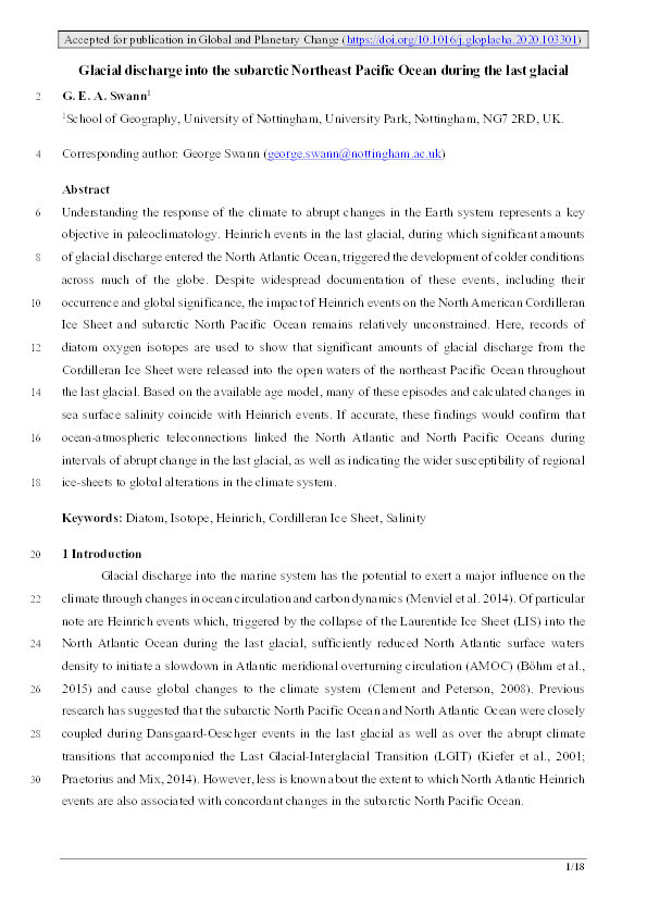 Glacial discharge into the subarctic Northeast Pacific Ocean during the last glacial Thumbnail