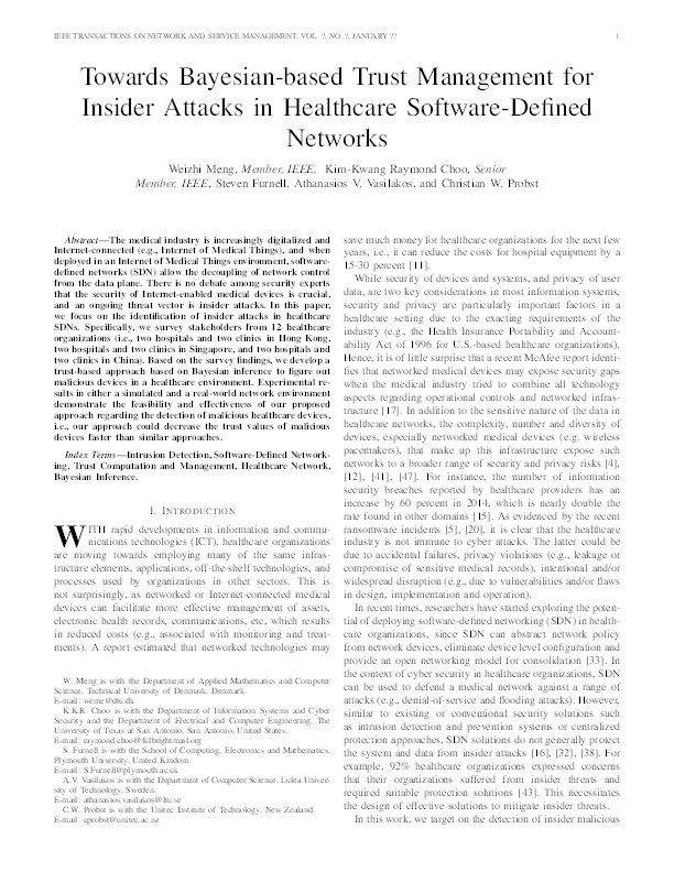 Towards Bayesian-Based Trust Management for Insider Attacks in Healthcare Software-Defined Networks Thumbnail