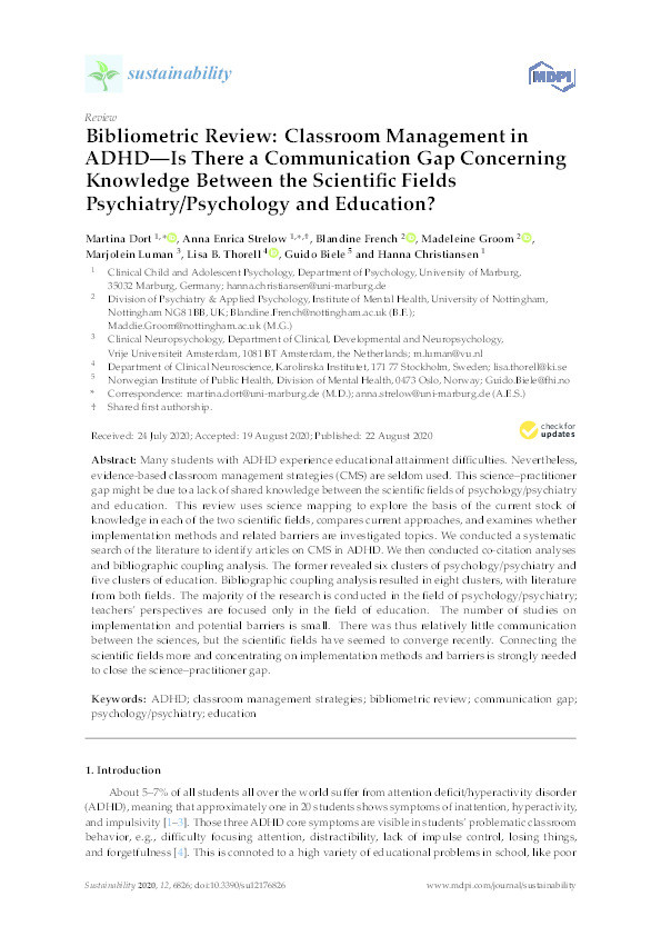 Bibliometric Review: Classroom Management in ADHD—Is There a Communication Gap Concerning Knowledge Between the Scientific Fields Psychiatry/Psychology and Education? Thumbnail