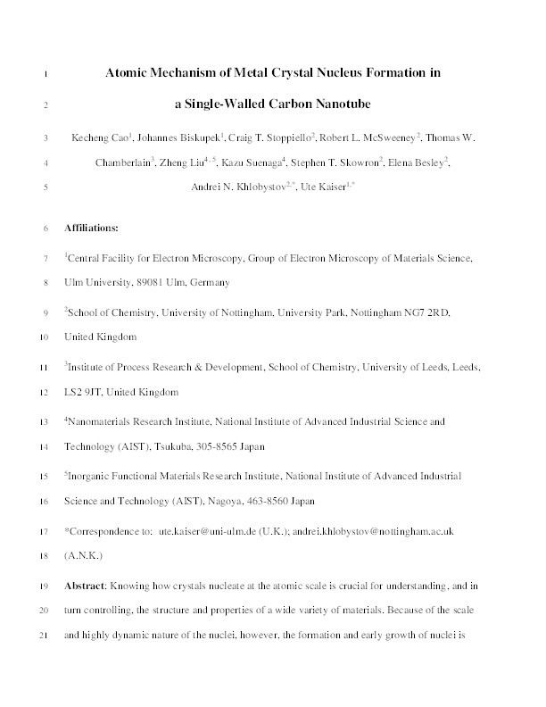Atomic mechanism of metal crystal nucleus formation in a single-walled carbon nanotube Thumbnail
