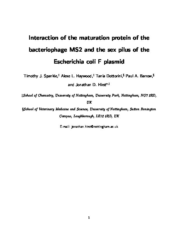 Interaction of the maturation protein of the bacteriophage MS2 and the sex pilus of the Escherichia coli F plasmid Thumbnail