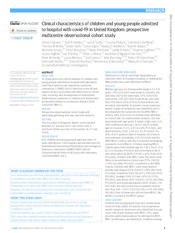 Clinical characteristics of children and young people admitted to hospital with Covid-19 in United Kingdom: prospective multicentre observational cohort study Thumbnail