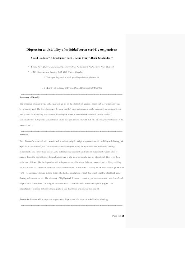 Dispersion and stability of colloidal boron carbide suspensions Thumbnail