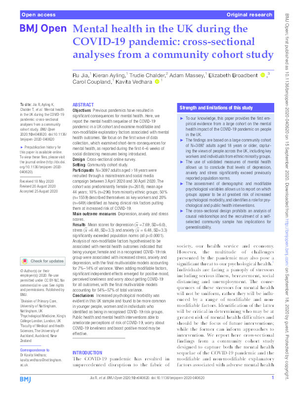 Mental health in the UK during the COVID-19 pandemic: cross-sectional analyses from a community cohort study Thumbnail