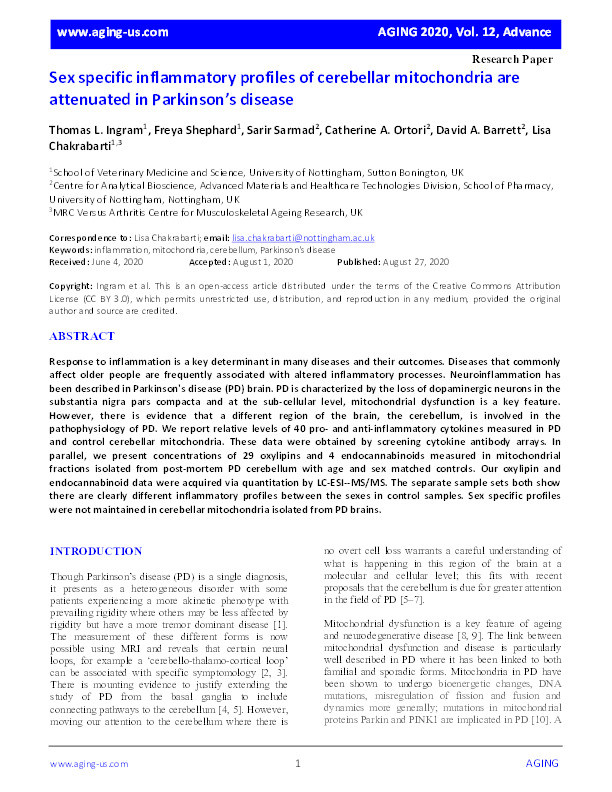 Sex specific inflammatory profiles of cerebellar mitochondria are attenuated in Parkinson's disease Thumbnail