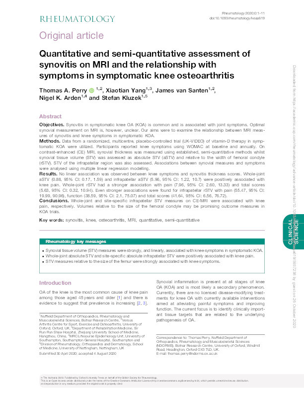 Quantitative and Semi-Quantitative Assessment of Synovitis on MRI and the Relationship with Symptoms in Symptomatic Knee Osteoarthritis Thumbnail